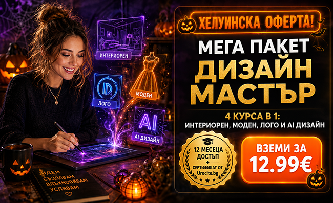 Хелуинска оферта! Мега пакет 'Дизайн Мастър': Интериорен, Моден, Лого и AI Дизайн с 12-месечен достъп и сертификат
