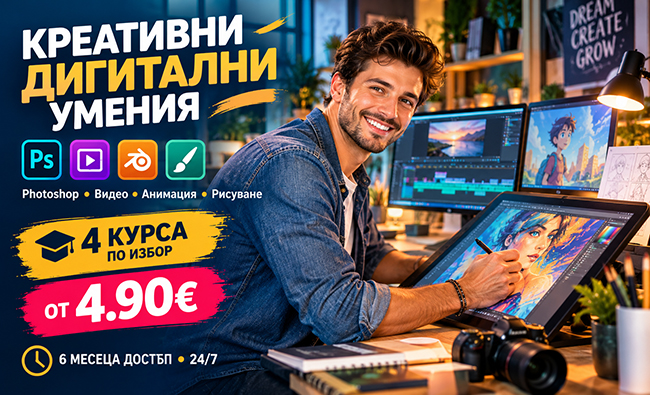 Креативни дигитални умения - рабтоа с Photoshop, видеообработка, компютърна анимация или рисуване - един или комбинация, от Urocite.bg